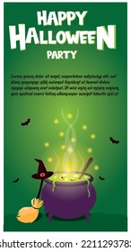 tarjeta de invitación de fiesta de halloween con fondo verde con un caldero y objetos de brujería.