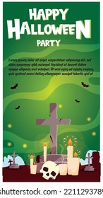 vector image halloween party invitation card with green background in a cemetery.