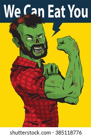 Vector image of Halloween poster with a cartoon image of a green zombie man with brown hair in a red plaid shirt on a yellow background. The slogan "We can eat you". Halloween. Vector illustration.