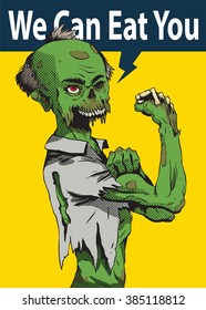 Vector image of Halloween poster with a cartoon image of a green zombie balding old man in a tattered white shirt on a yellow background. The slogan "We can eat you". Halloween. Vector illustration.