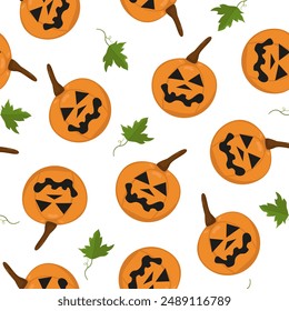 Vector Imagen de una calabaza de Halloween con hojas. Patrón de calabaza sin costuras con caras de miedo talladas. Imagen para textiles, envases y Fondo de pantalla. Fondo festivo para Halloween.