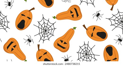 Vector Imagen de una calabaza de Halloween. Patrón de calabaza sin costuras con caras de miedo talladas, telarañas y arañas. Imagen para textiles, envases y Fondo de pantalla. Fondo festivo para Halloween.