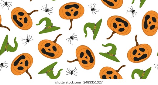 Vector image of a Halloween pumpkin. Seamless pumpkin pattern with carved scary faces, hat and spiders. Image for textiles, packaging and wallpaper. Festive background for Halloween.