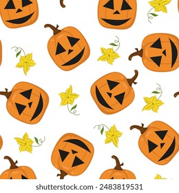 Vector Imagen de una calabaza de Halloween. Patrón de calabaza sin costuras con caras de miedo talladas. Imagen para textiles, envases y Fondo de pantalla.