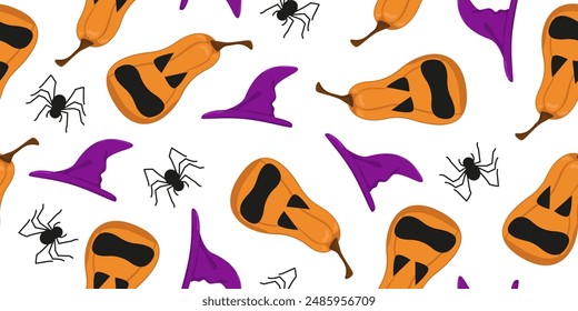 Vector Imagen de una calabaza de Halloween. Patrón de calabaza Horizontal sin costuras con caras de miedo talladas, sombrero y arañas. Imagen para textiles, envases y Fondo de pantalla. Fondo festivo para Halloween.