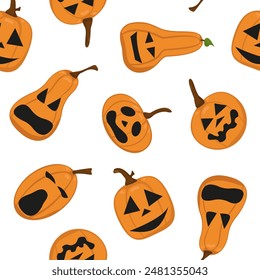 Vector Imagen de calabazas de Halloween. Ilustración en color de una calabaza con caras de miedo recortadas. Imagen para textiles, envases y Fondo de pantalla.