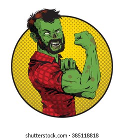 Vector image of Halloween round yellow frame with cartoon image of a green zombie man with brown hair in a red plaid shirt on a white background. Halloween. Vector illustration.