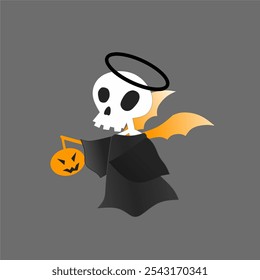 Vector image of a Halloween skull wearing a black cloak carrying a yellow pumpkin.