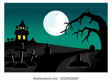 vector image of halloween theme, full moon night and cemetery background. Suitable for backgrounds, wall decorations, frames, covers, banners.
