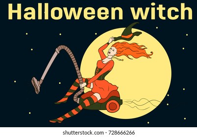 Vector image. The Halloween witch flies on a vacuum cleaner. Young girl in a red dress and hat in the background of the moon.