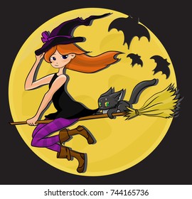 Vector image of the Halloween witch on broomstick with cat on moon background