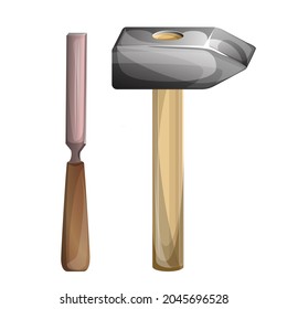 Vector image of a hammer and chisel auxiliary tool isolated on white background. Concept. Tool. Cartoon. EPS 10