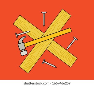 Vector image of hammer nails and wood