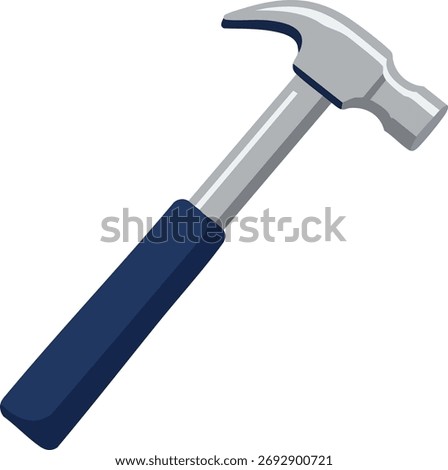 Vector image of a hammer with a navy blue handle and silver head used for construction and repair work, depicted in a clean and simple style. Practical and precise mood.