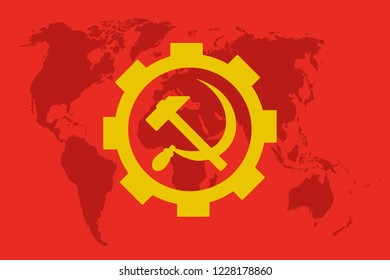 vector image of hammer and they say it is in normal gears. the emblem is on a red background with a world map