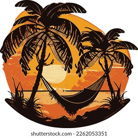 Vector image of hammock tied to palm trees against background of tropical beach.