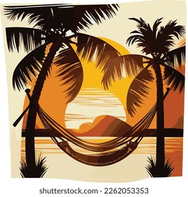 Vector image of hammock tied to palm trees against background of tropical beach.
