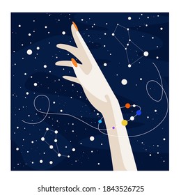 Vector image of a hand with a bracelet on a starry sky background
