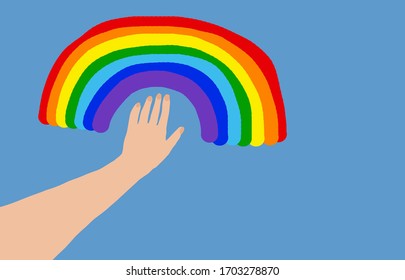 Vector image of a hand chasing a rainbow.