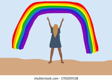 Vector image of a hand chasing a rainbow