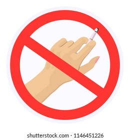 Vector image of hand with cigarette in red prohibitory sign. Concept of the ban on smoking. Health.