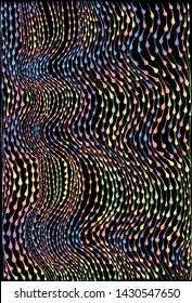 Vector image of hand drawn graphic pattern. It represents drops gliding down on curvy lines and it forms a wave. Spectrum colored drawing on black background.
