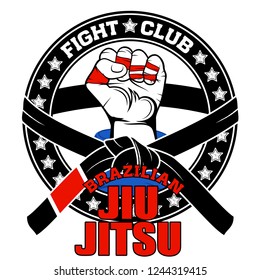 Vector image of a hand of the fighter of the Brazilian jiu-jitsu. Inscription - Brazilian Jiu-Jitsu. Fight club. Warrior's fist. Illustrations for t shirt print. Cool grunge print. Vector color.