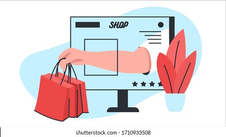 Vector image of a hand giving packages of goods through a computer screen with online store interface. It represents a concept of online shopping, website design, customer service and product delivery