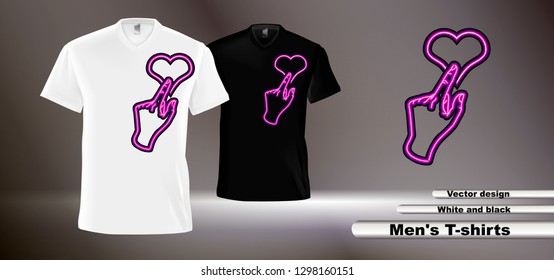 Vector image of a hand with a heart on black and white t-shirts. Isolated black and white t-shirts on a gray background. Vector illustration.