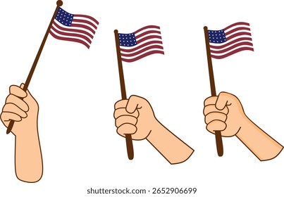 Vektorbild einer Hand, die die amerikanische Flagge hält. USA-Flagge eps