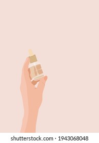 Vector image of a hand holding a bottle of serum for skin care. Advertising concept of cosmetic skin care products.