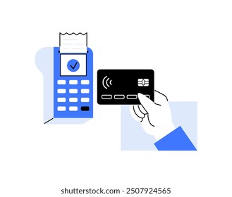 Vector image of a hand holding a credit card near a card reader. Perfect for illustrating digital payments, contactless transactions, fintech, banking technology, and modern payment systems.