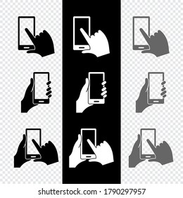 Vector image of a hand holding a mobile. Basic line icon.