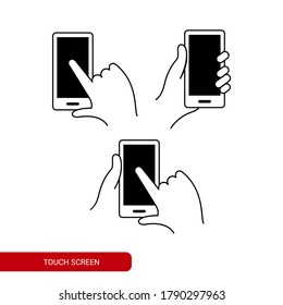 Vector image of a hand holding a mobile. Basic line icon.