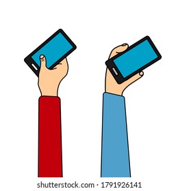 Vector image of a hand holding a mobile. Basic color icon.