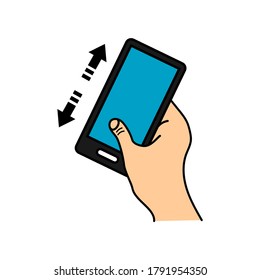 Vector image of a hand holding a mobile. Basic line icon.