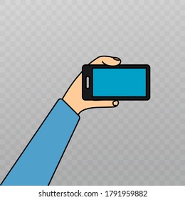 Imagen vectorial. Imagen de una mano sosteniendo un móvil. Icono de color.