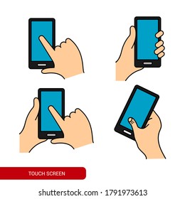 Vector image of a hand holding a mobile. Basic line icon.