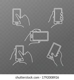 Vector image of a hand holding a mobile. Basic line icon.