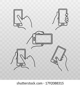 Vector image of a hand holding a mobile. Basic line icon.