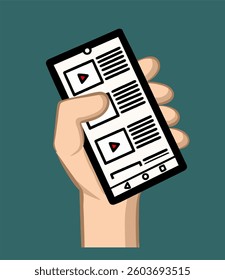 vector image of a hand holding and scrolling a cellphone