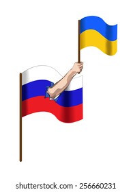 Vector image of hand holding a Ukrainian flag coming out of a Russian flag.