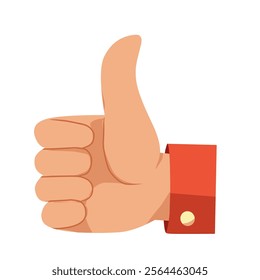 Vector image of a hand making a thumbs-up gesture with a red cuff. Great for symbols of approval, positivity, communication, and business-related designs