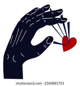 Vector image of a hand manipulating the heart and emotions, heartthrob. Hand and sharp particles to the heart. Conceptual illustration. Stickers, scrapbooking. Heartbreaker, management, feelings, pain