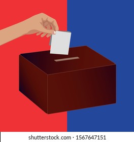 Vector image of  a hand placing a voting slip in a ballot box, with a red and blue background