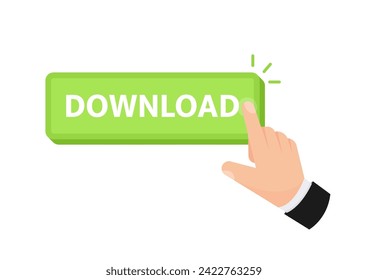 Vector image of a hand pointing to a vibrant green Download button, indicating file acquisition
