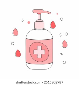 Uma imagem vetorial de uma garrafa de desinfetante de mão com uma cruz médica, projetado para conteúdo relacionado à saúde e higiene...