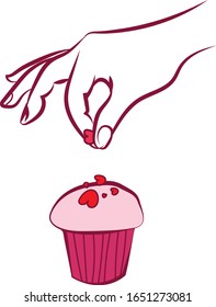Vector image of hand sprinkling with hearts. Pink cake with red hearts.