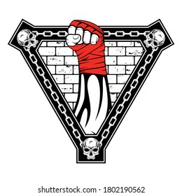 Vector image of a hand of a street fighter. Urban warrior. New Gladiator. Combat champion. Boxer of the old school. Illustrations for t shirt print. Set of hand drawn sport logos, badges, labels. 