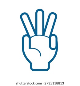 Vector image of a hand with three fingers raised. Curve lines. Cartoon